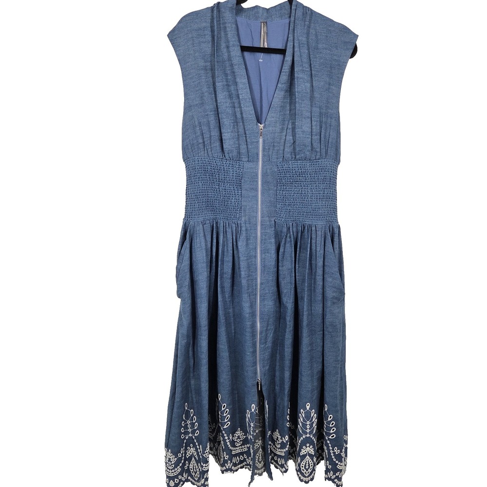 Anthropologie Midi Dress Tommie Denim Eyelet Trim Preppy Vacay Boho Large